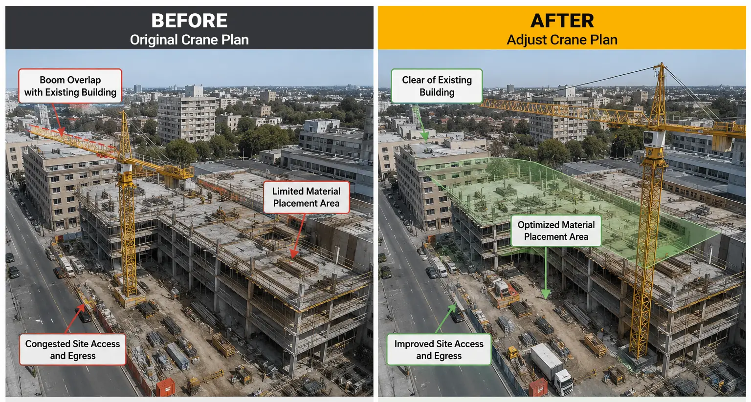 Optimized Tower Crane Planning Improving High-Rise Lifting comparison showing improved tower crane positioning in urban high-rise project