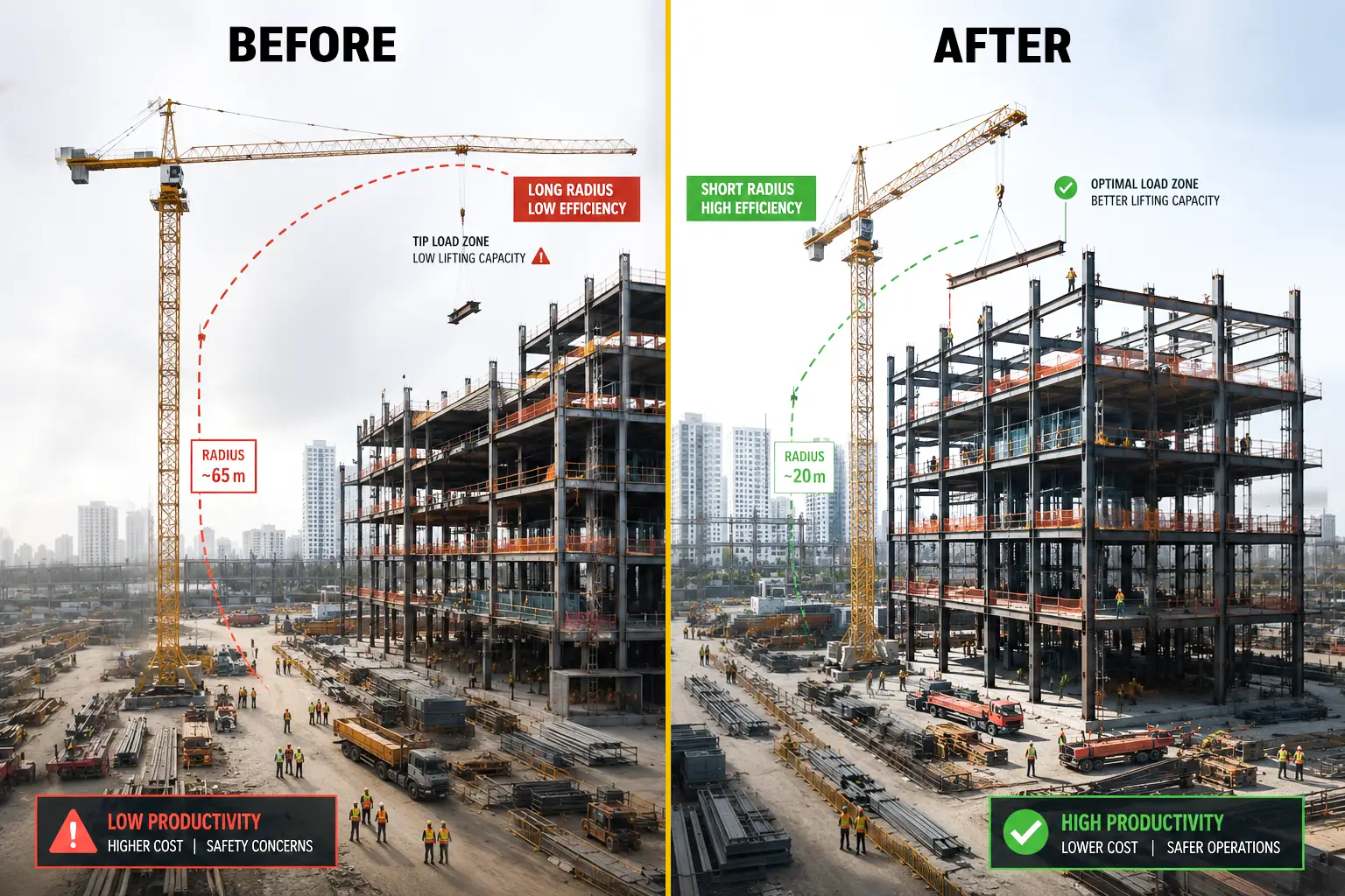 Optimized Tower Crane Position for Steel Structure Installation comparison of tower crane placement improving steel structure lifting efficiency