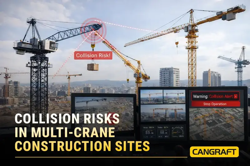 Multiple tower cranes operating close together showing collision risks on construction sites