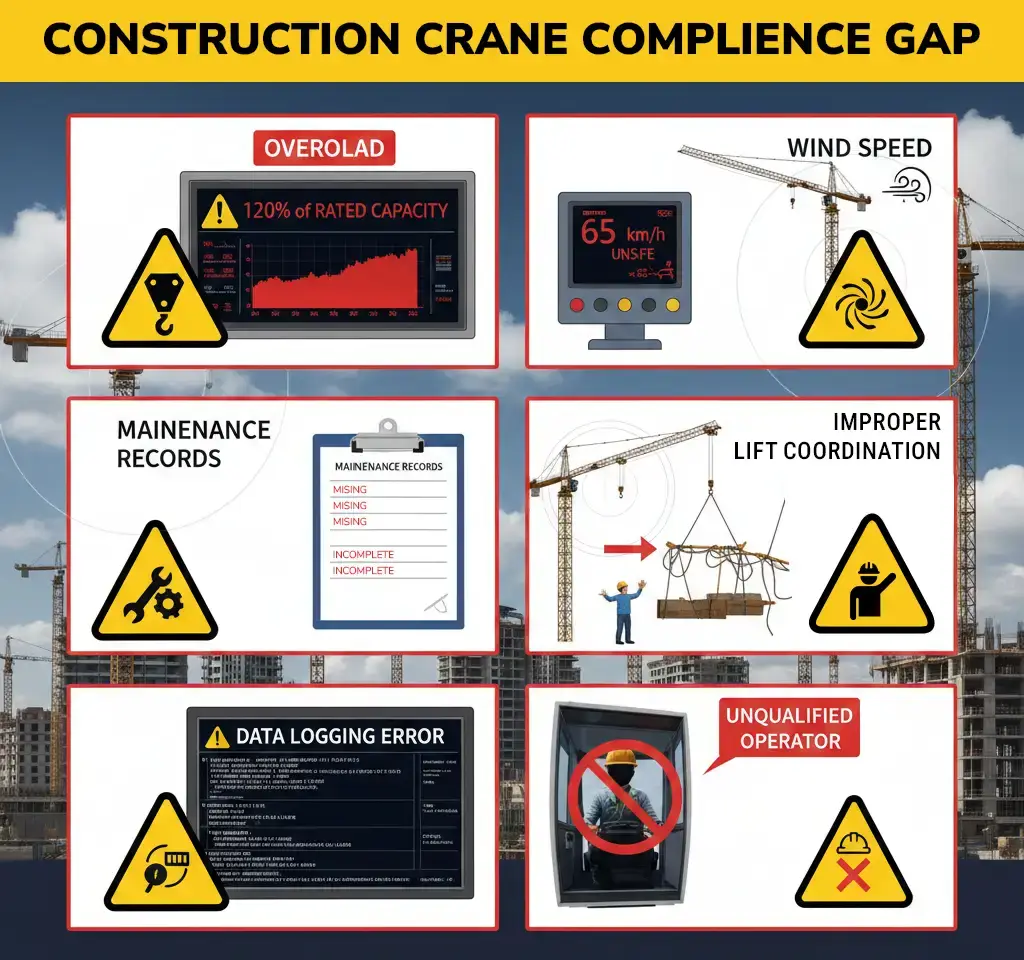 Overlapping tower crane operating zones requiring ACD configuration