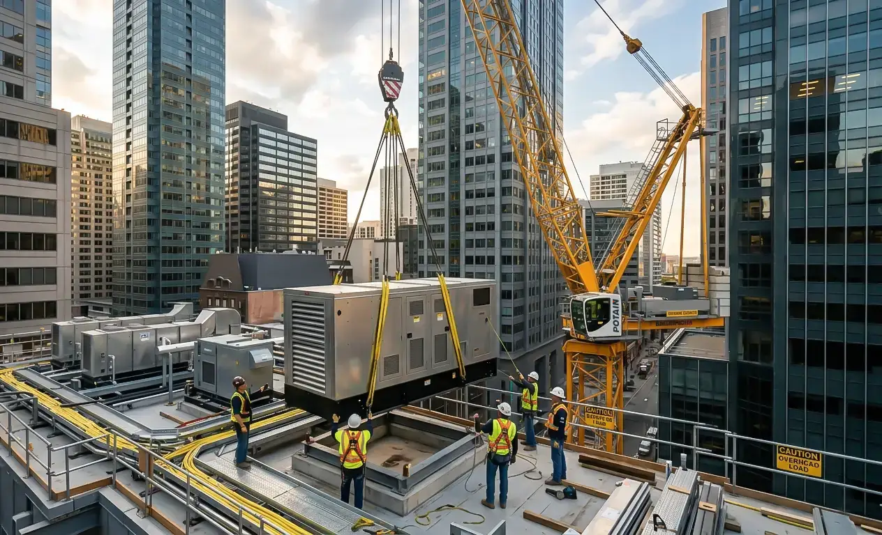 luffing tower crane lifting HVAC equipment in data center construction with restricted site layout