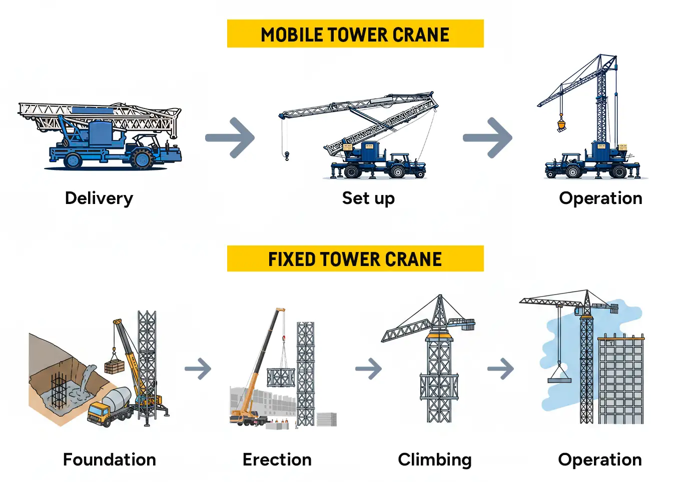 Mobile tower crane setup and deployment timeline compared to fixed tower crane installation process