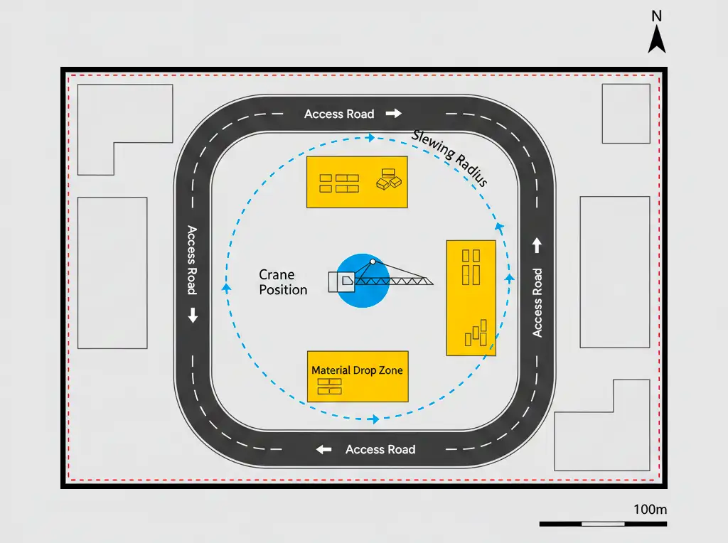 Mobile tower crane planning layout showing crane position, lifting radius, and site access areas