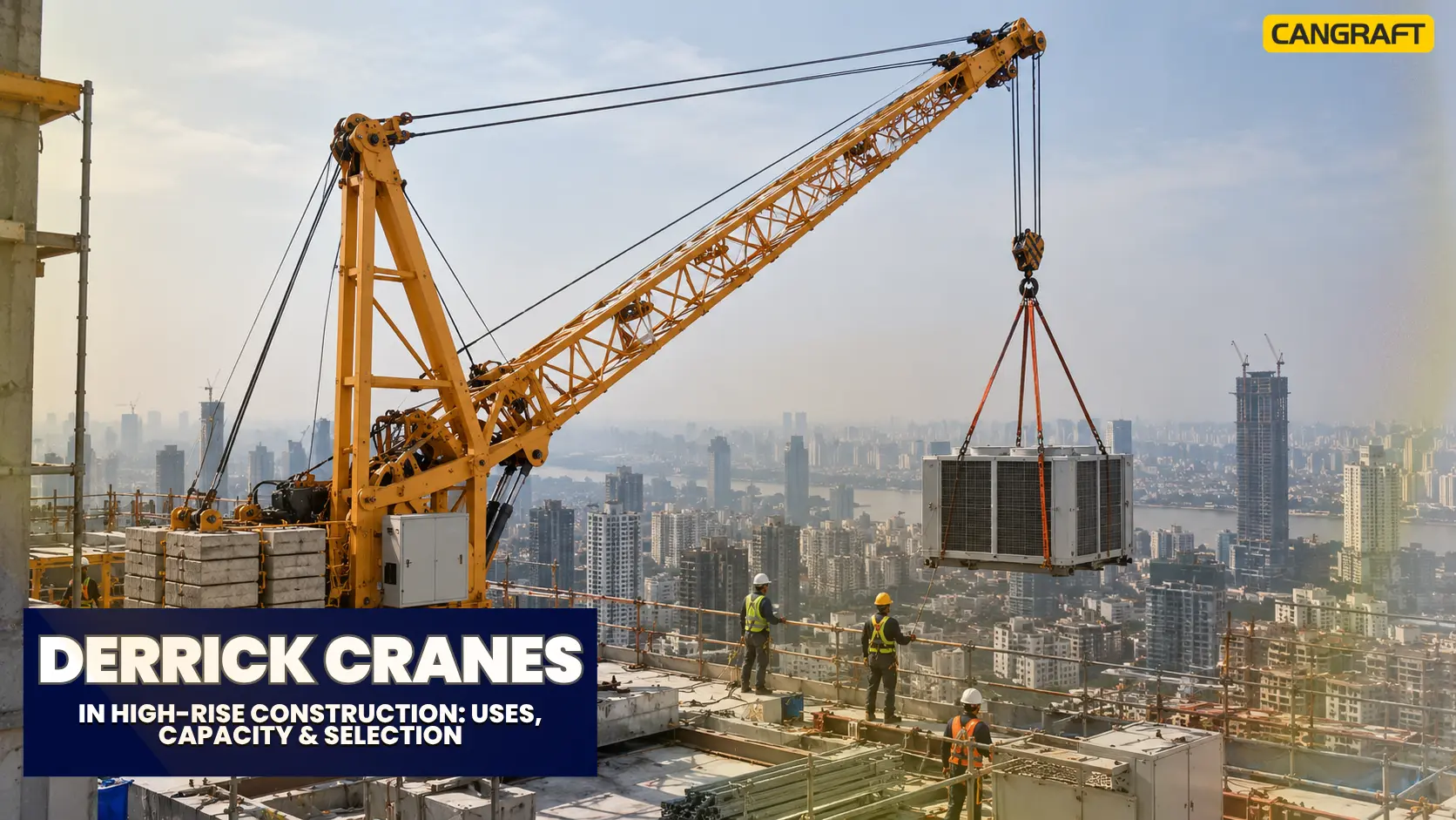 Derrick crane installed on a high-rise rooftop for specialized construction lifting