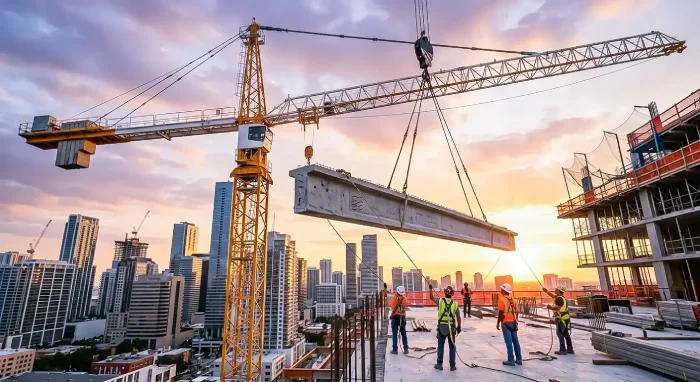 Heavy Duty Tower Crane Lifting Precast Beam at Long Radius heavy duty tower crane lifting precast beam at 35m radius in Indian construction site