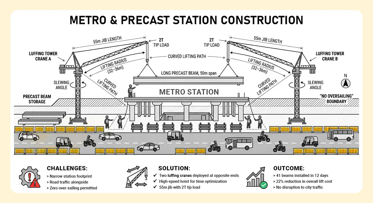 luffing tower crane installing precast beams at metro site in India