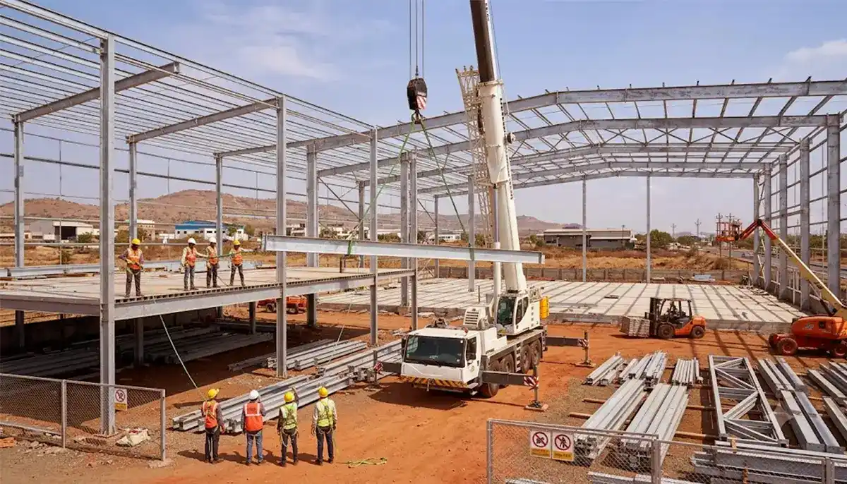 Mobile Tower Crane Supporting Warehouse Construction mobile tower crane lifting steel members during warehouse construction project in India