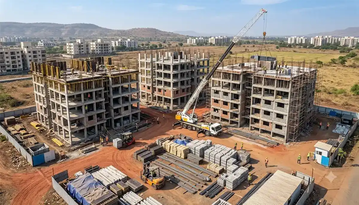 Mobile Tower Crane Working Across Multiple Construction Zones mobile tower crane supporting phased residential construction project in India