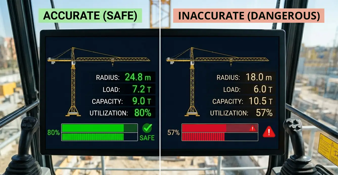 Comparison of accurate and inaccurate SLI load monitoring values on tower crane display