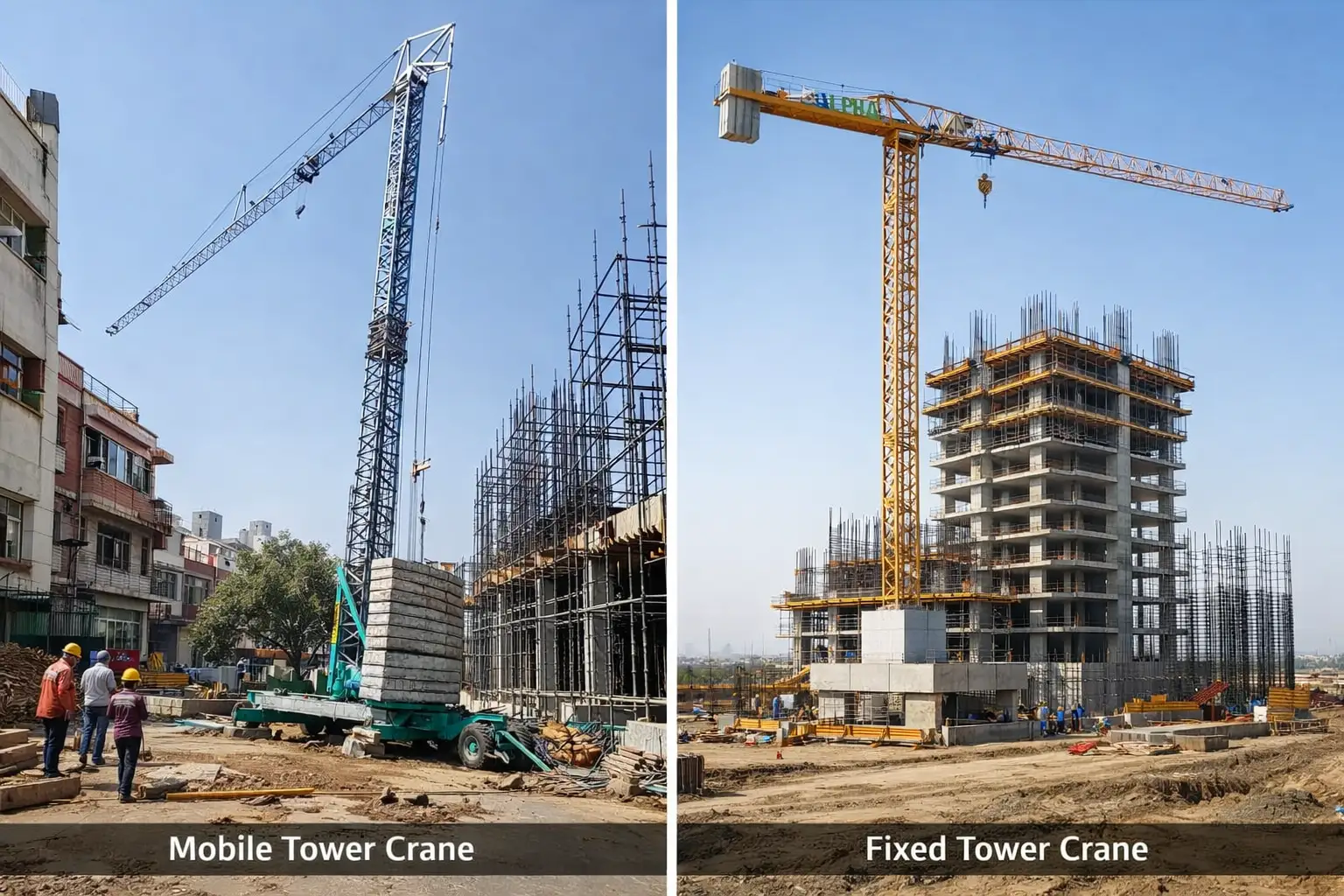 Comparison of mobile tower crane and fixed tower crane based on construction site layout and space availability
