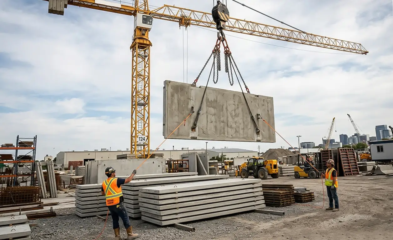 tower crane lifting precast slabs in Indian construction yard