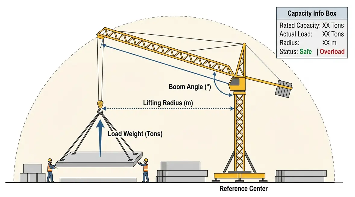 diagram showing tower crane radius for lifting precast beams
