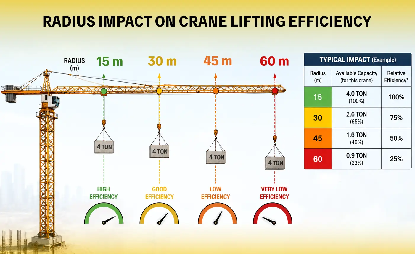 Tower Crane Radius Planning for High-Rise Construction tower crane radius affecting lifting capacity on high-rise project