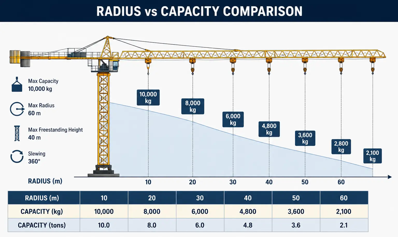 Tower Crane Capacity Drop at Increasing Radius tower crane load capacity decreasing with radius diagram