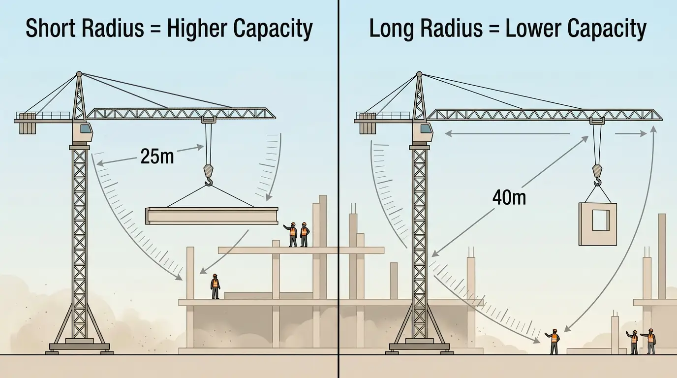 diagram showing tower crane load capacity at different radii