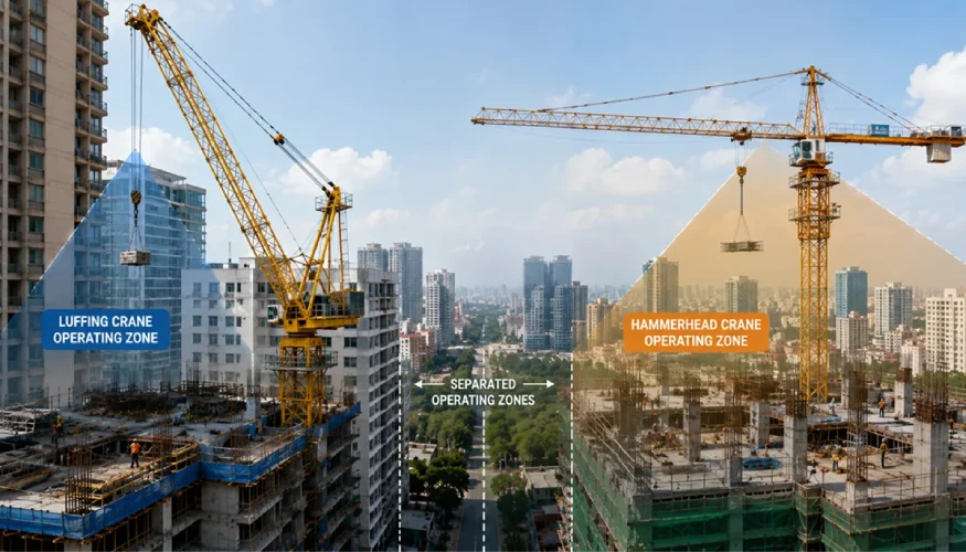 luffing tower crane operating near buildings on multi-crane urban construction project