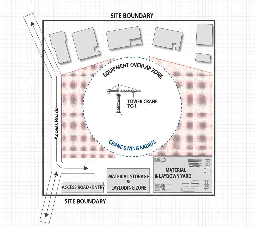Construction site planning diagram showing how site access and space constraints affect mobile tower crane selection