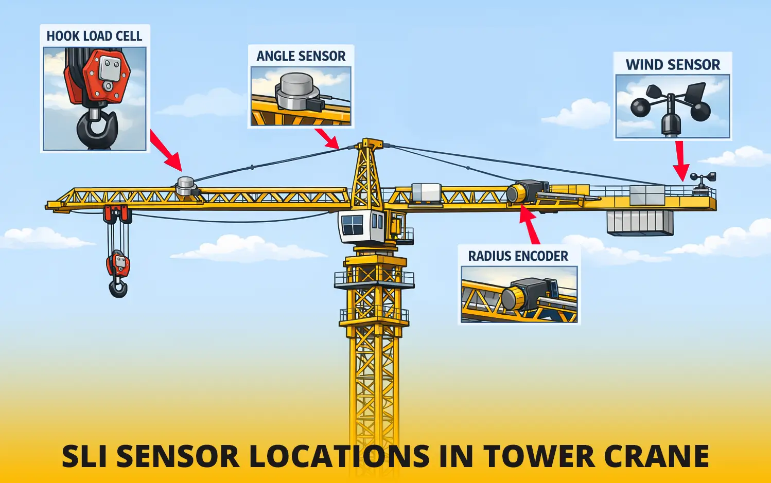 Diagram showing load, radius, and angle sensors installed on tower crane
