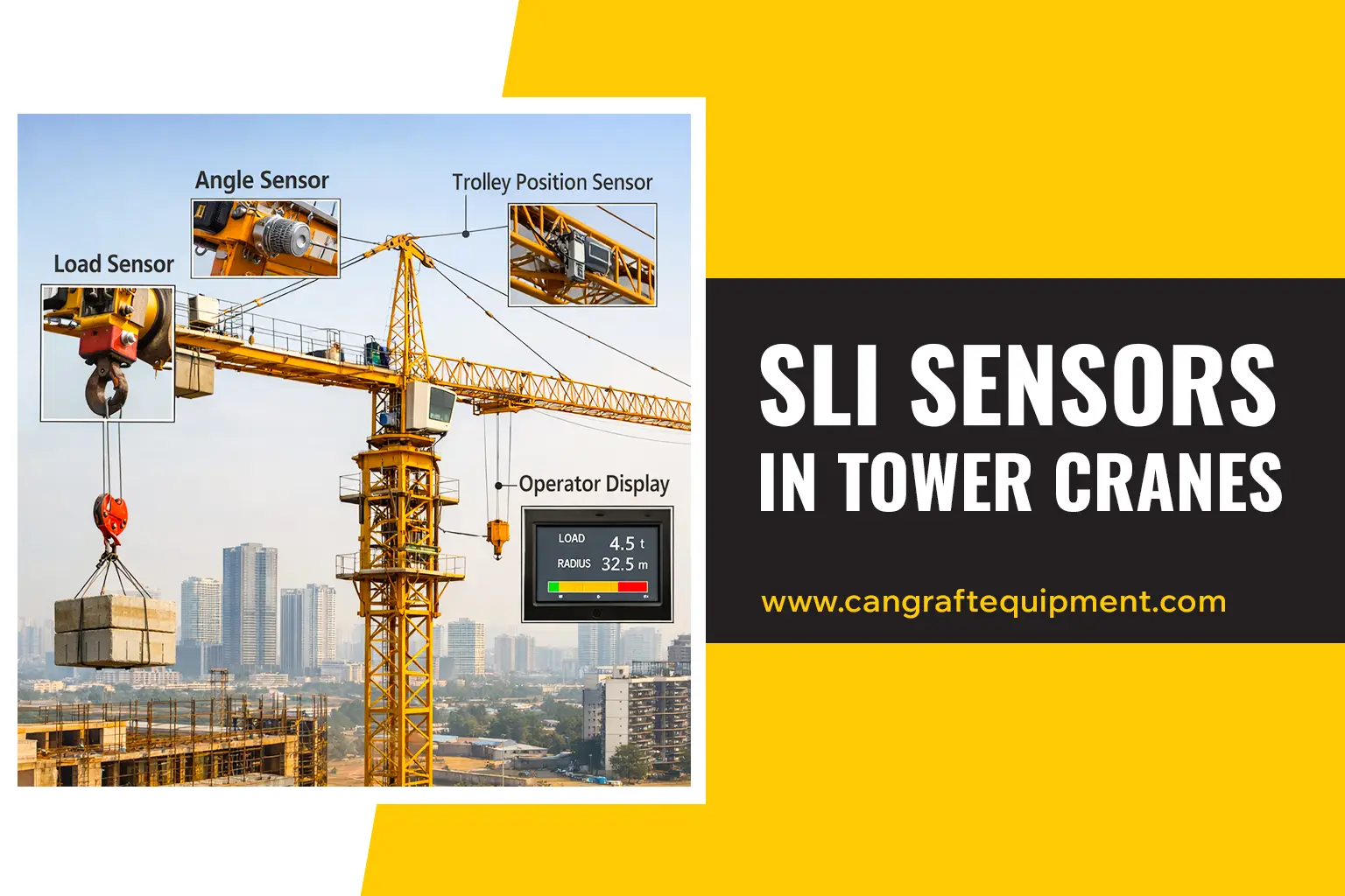 Safe load indicator sensors installed on tower crane for load monitoring