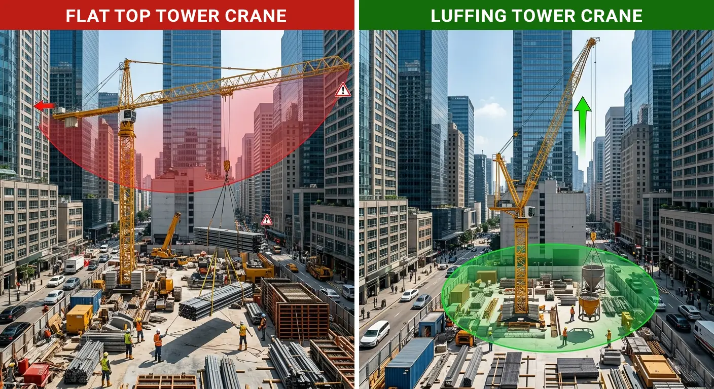 luffing tower crane vs flat top crane in tight urban construction site with limited swing space