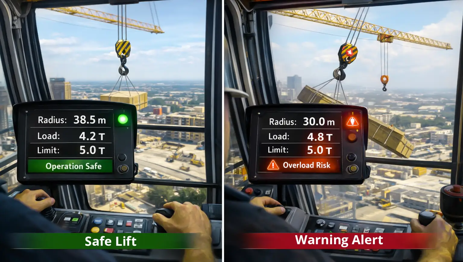 Tower crane safe load indicator sensor warning preventing overload