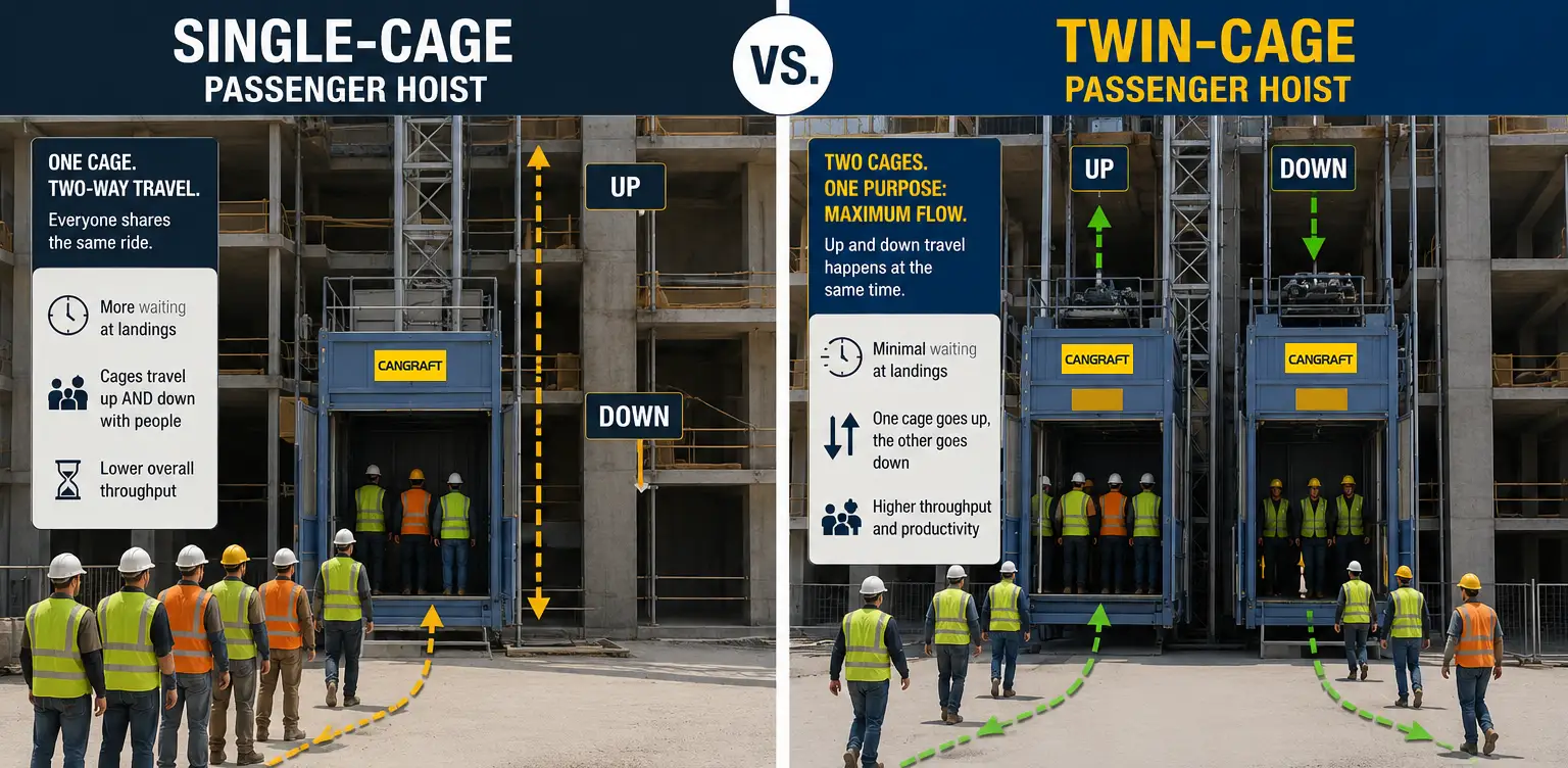 Single Cage vs Twin Cage Passenger Hoist Configuration comparison of single cage and twin cage construction passenger hoists