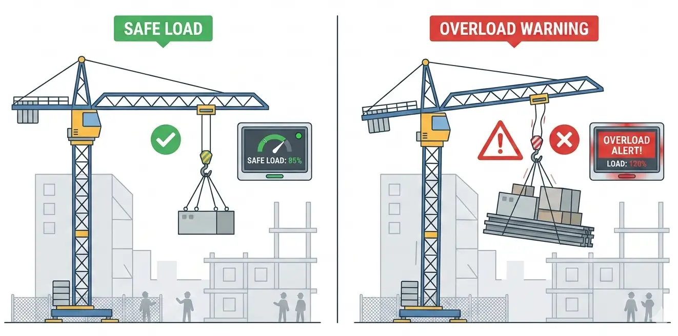 Crane Overload Prevention Using Safe Load Indicator Tower crane overload warning displayed by safe load indicator system during lifting operation