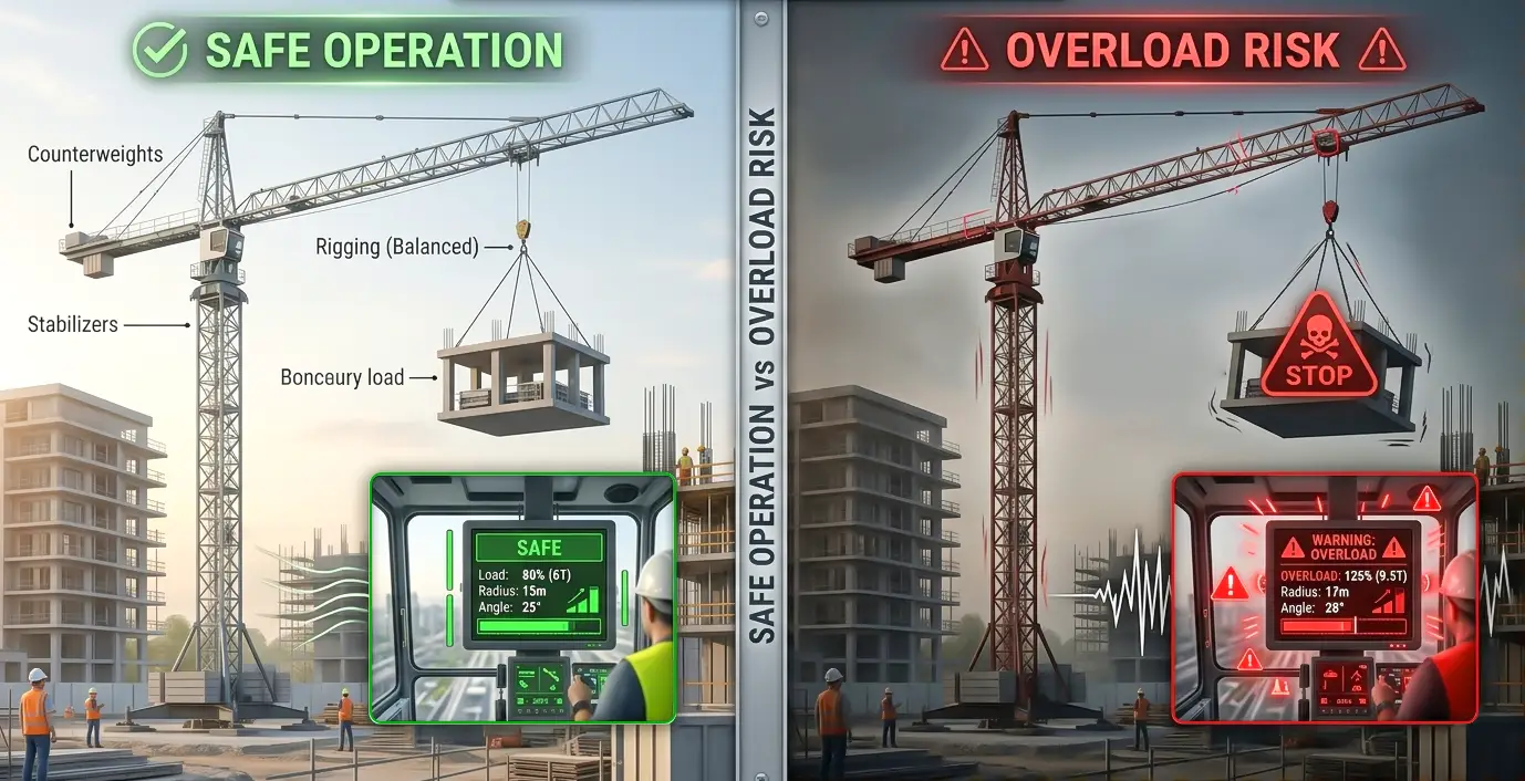 Tower crane overload warning displayed by safe load indicator monitoring system