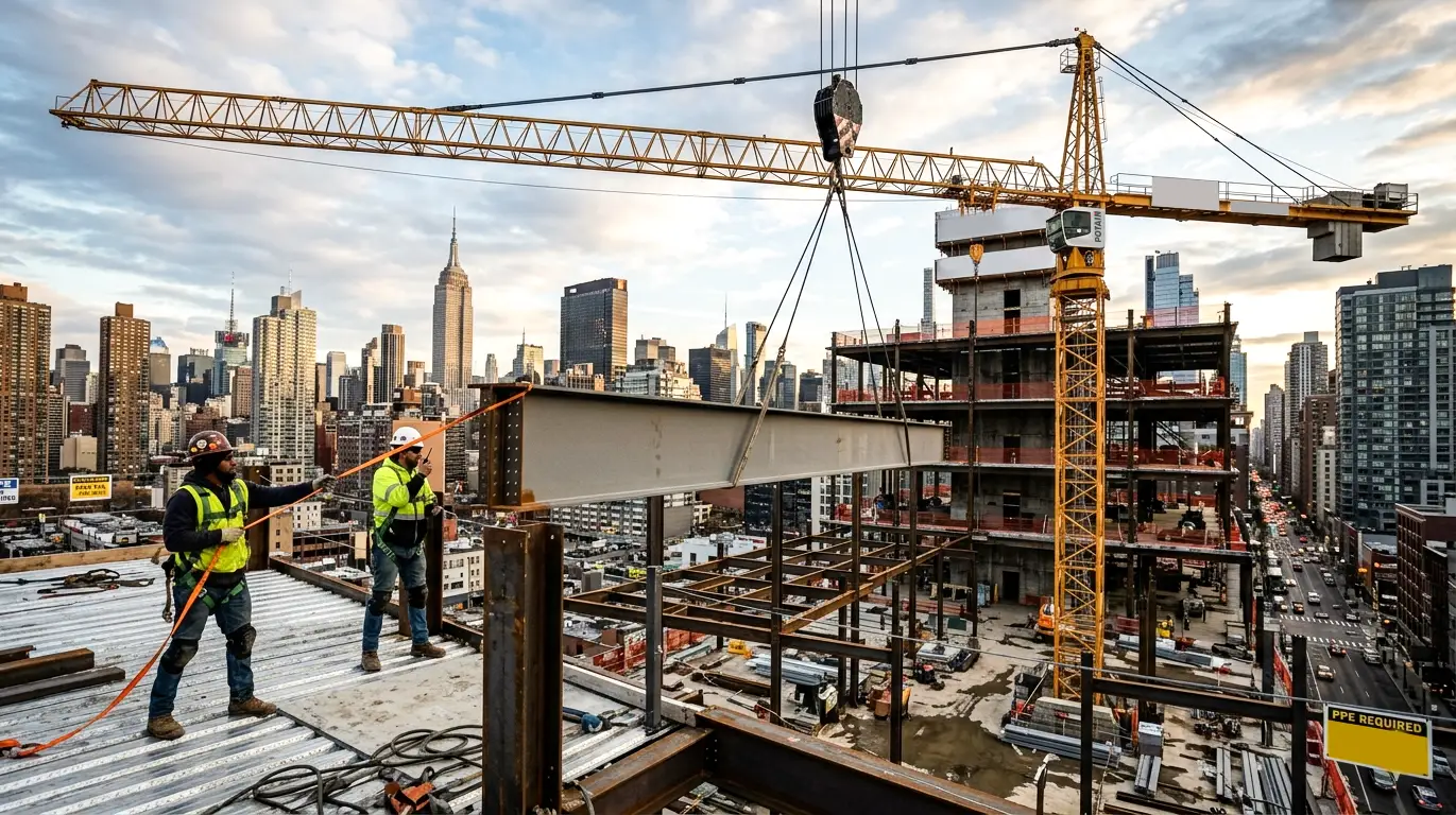 Tower Crane Lifting Steel Beam in Industrial Building Project heavy duty tower crane installing steel beam in industrial structure project in India