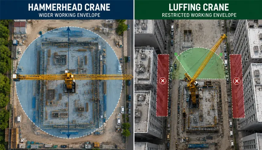 luffing and hammerhead crane working envelopes around restricted construction site