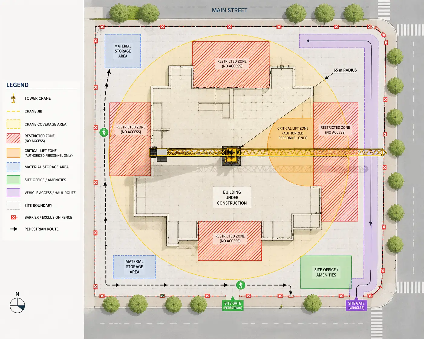 top view of luffing tower crane placement showing restricted zones and controlled lifting radius