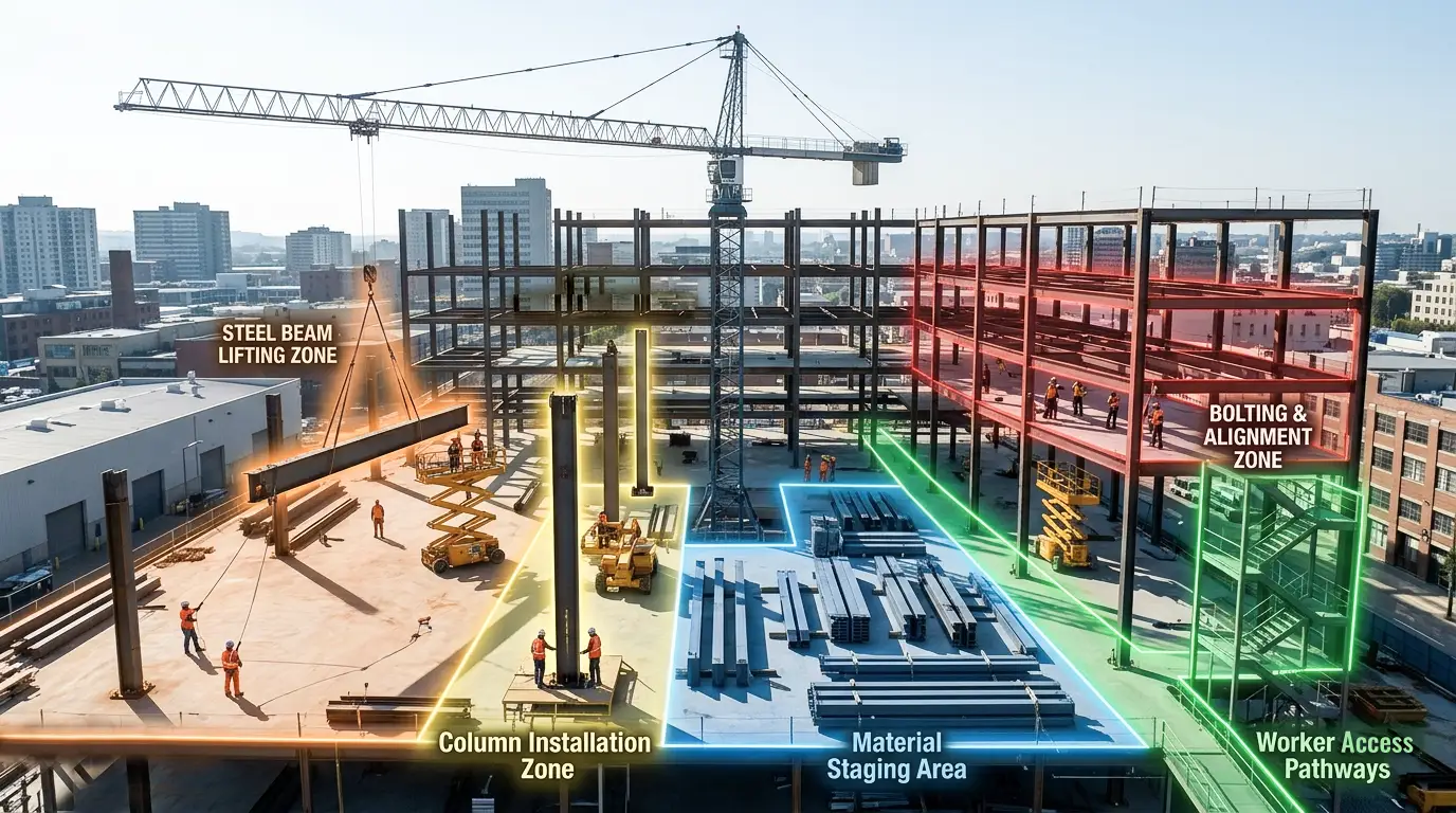 Tower Crane Coverage Planning for Steel Structure Construction tower crane coverage layout for steel structure building project