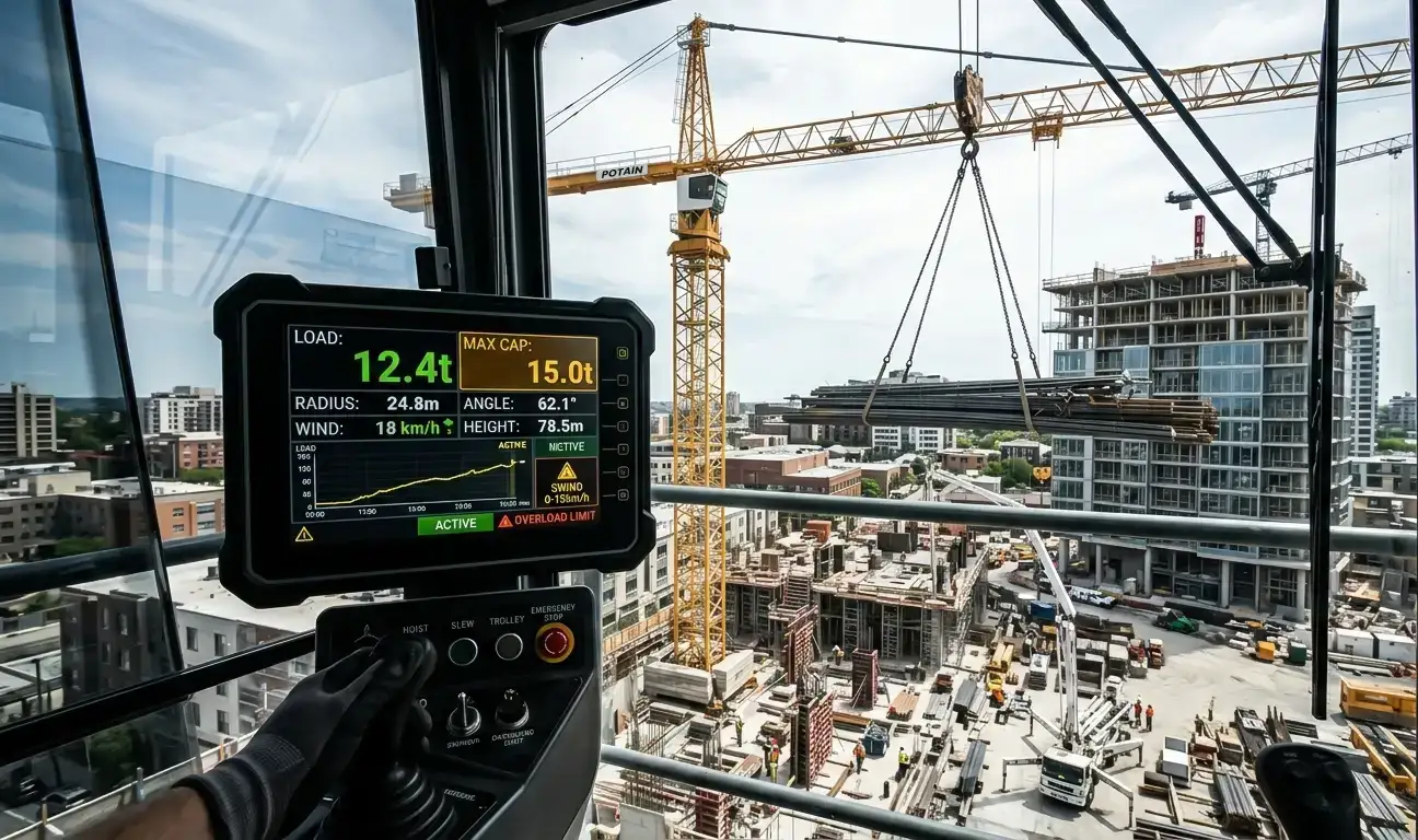 Safe Load Indicator Monitoring Tower Crane Lifting Operations Tower crane lifting load with safe load indicator system displaying load monitoring data