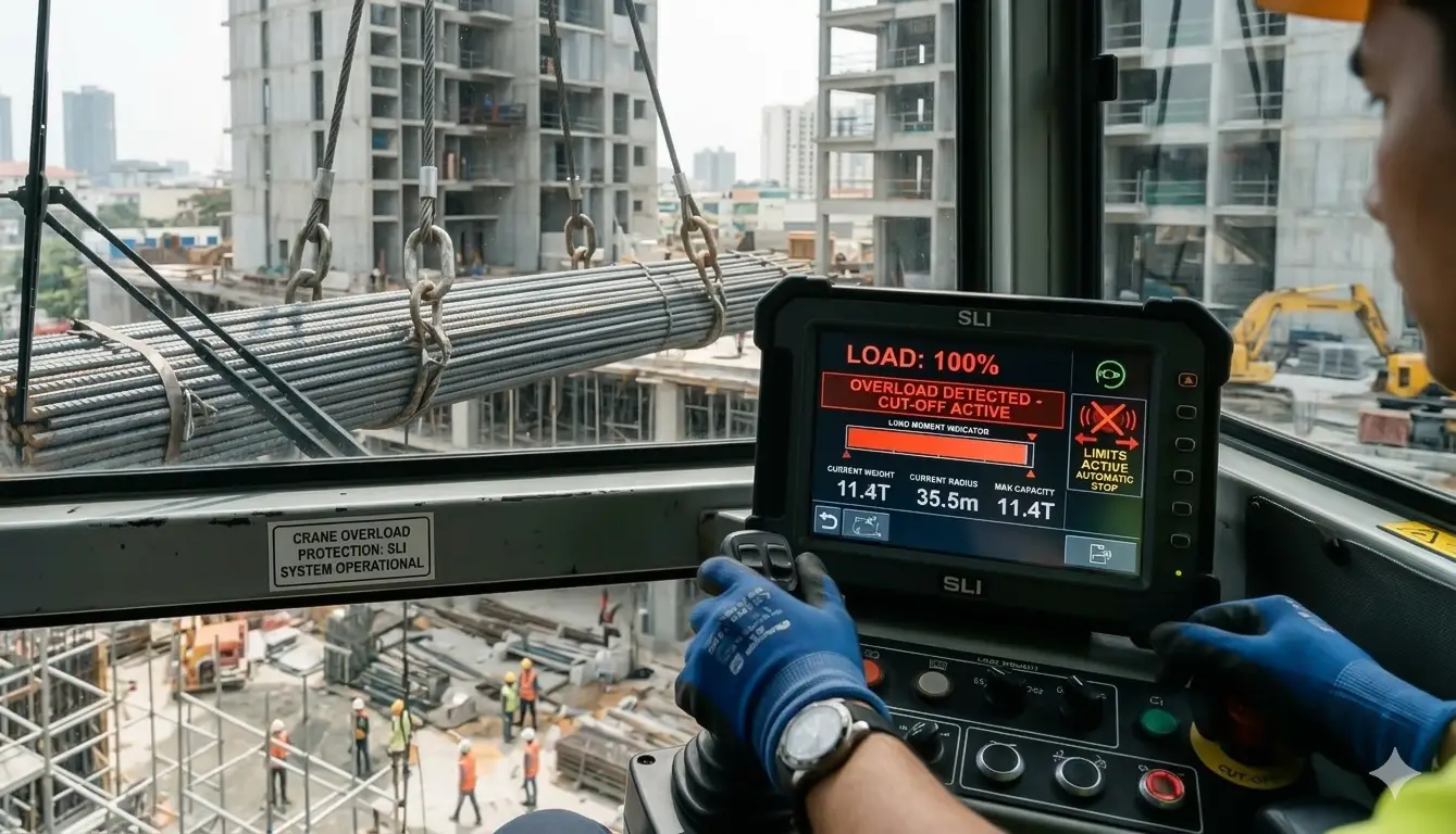Tower crane operator display showing safe load indicator monitoring lifting load weight