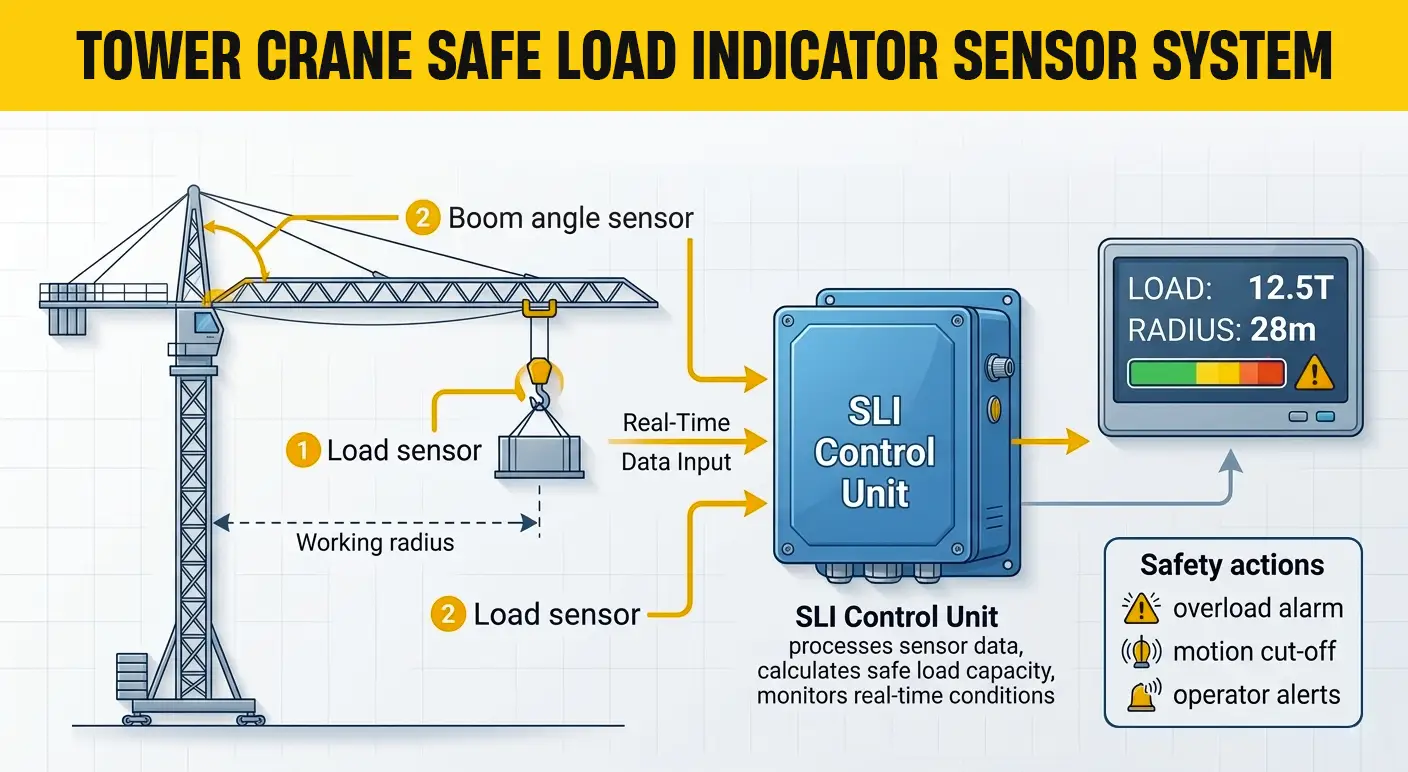 Diagram showing sensors used in tower crane overload protection and load monitoring system