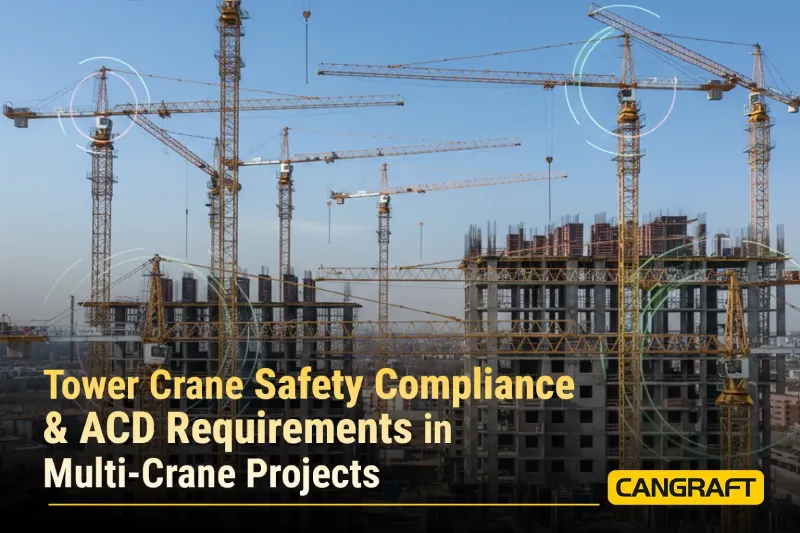 Tower crane site with safety compliance and ACD requirements for multi-crane construction