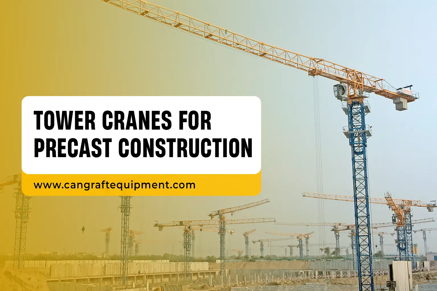 Tower crane lifting precast concrete panels at construction site