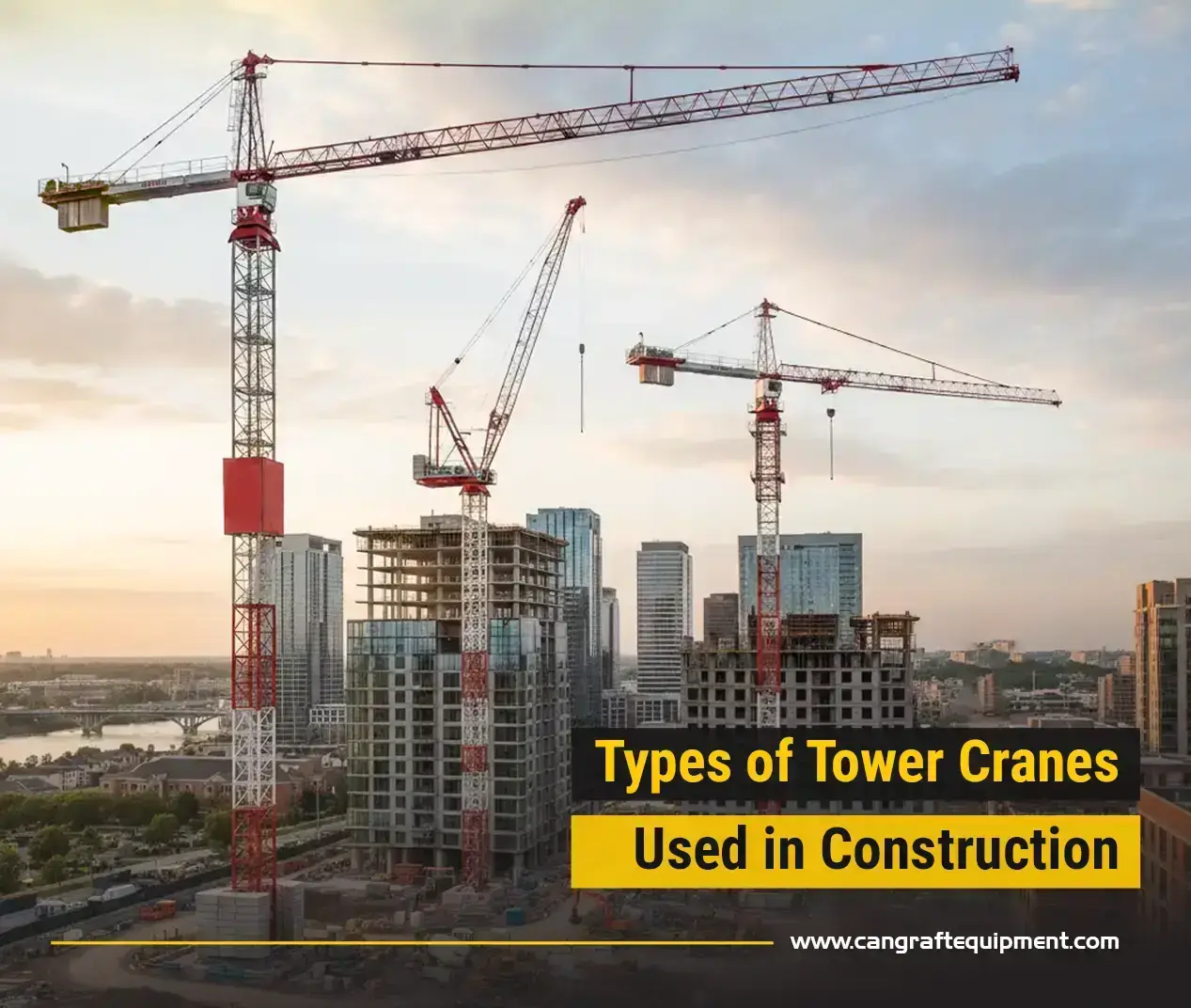 types of tower cranes used in construction projects including hammerhead and luffing jib cranes